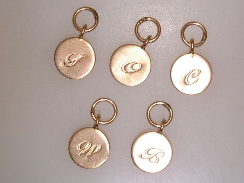 Set of five 14K gold-filled initial charms (B, C, J, O, W) in a satin finish