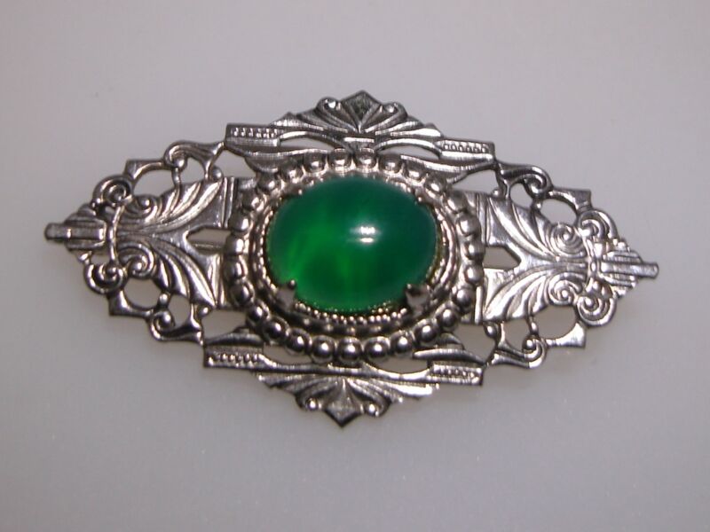 Vintage Silver Filigree Chrysoprase Brooch Pin (1960s-70s, 3+ CTW)