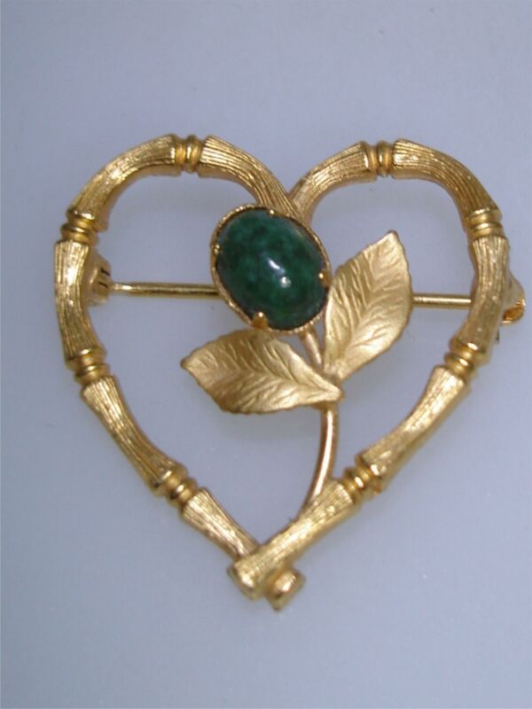 Vintage gold-filled bamboo heart pin with jade cabochon, signed R.L.