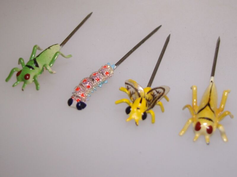 Vintage 1960s enamel bug pins, set of four with whimsical fly and beaded worm designs