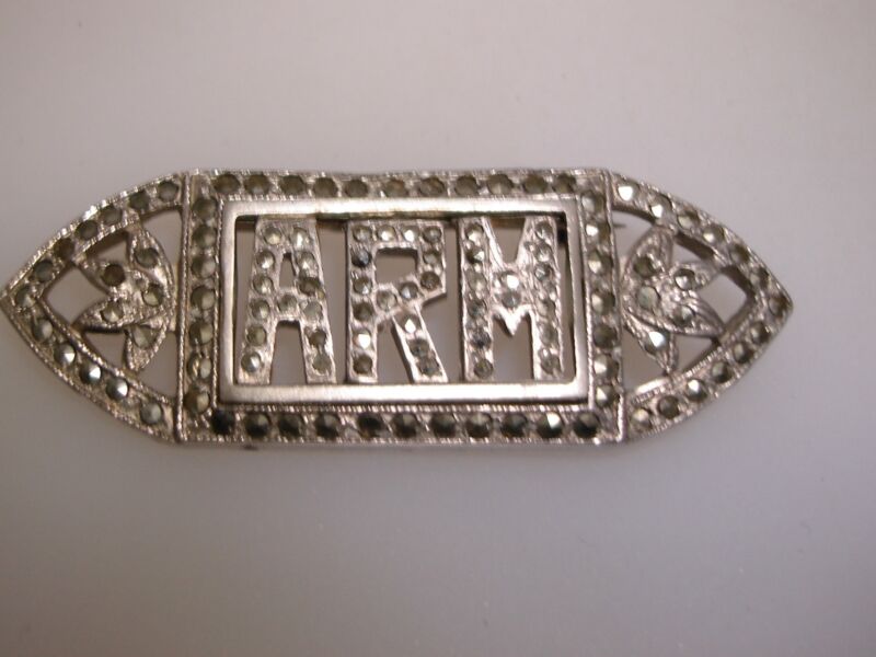 Antique Art Deco silver filigree pin with marcasites and interchangeable initial (ARM)