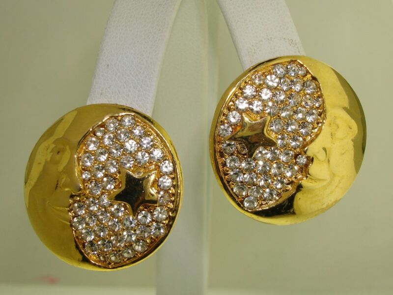 Vintage gold-tone man in the moon earrings with sparkling cubic zirconia stars