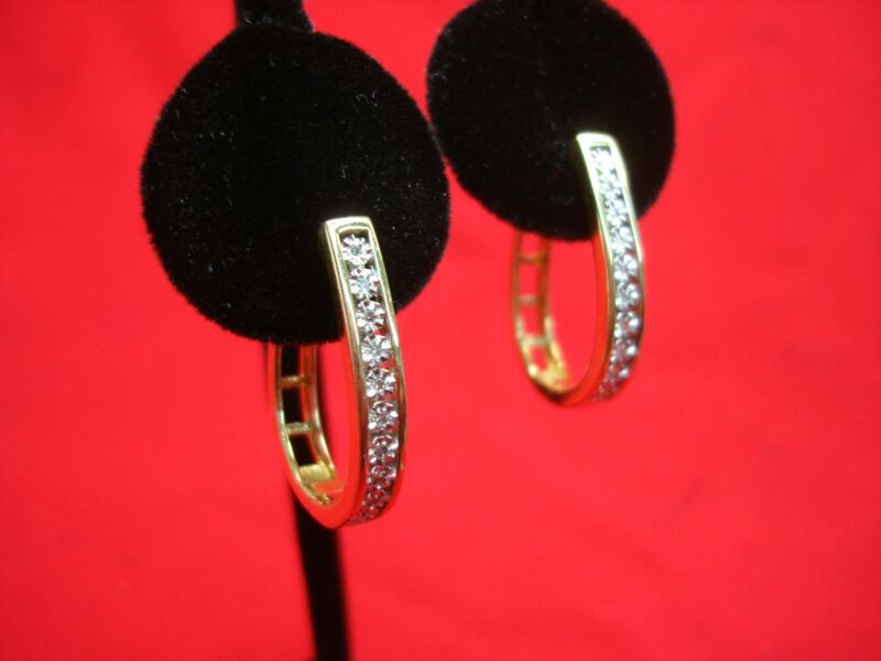 Gold Vermeil Hinged Hoop Earrings with Cubic Zirconia Stones (2mm) - Pre-Owned