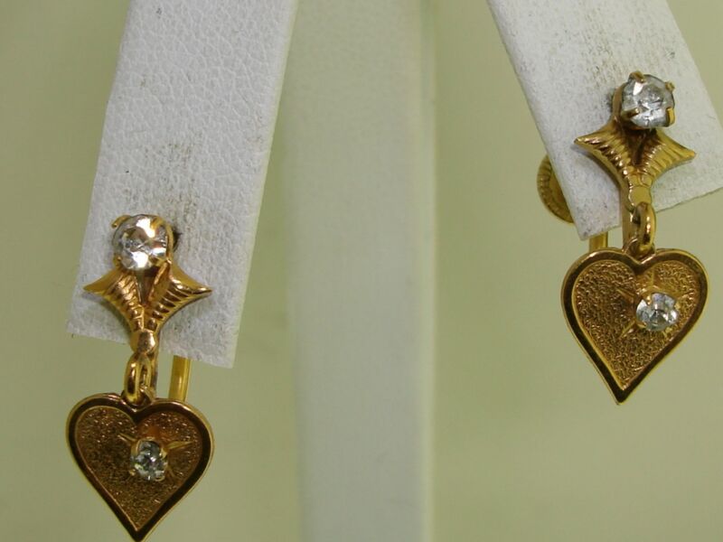 Vintage 1930s-40s Gold Filled Heart Dangle Earrings Signed JMS - Sparkling Rhinestones