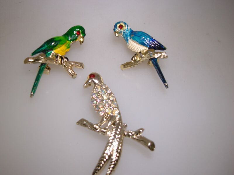 Set of vintage 1950s enamel and rhinestone bird pins