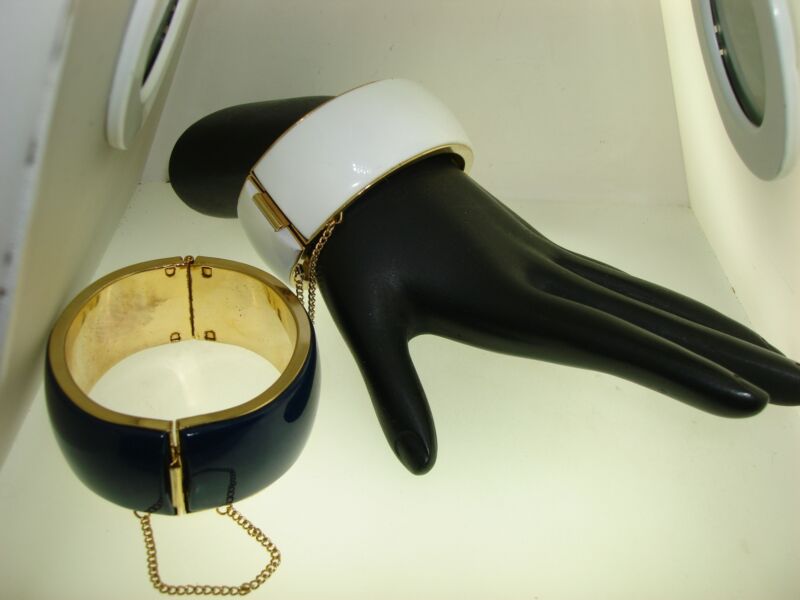Pair of vintage blue and white enamel hinged bracelets, 1980s