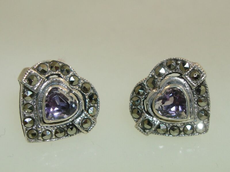 Genuine amethyst and marcasite heart earrings in sterling silver (925)