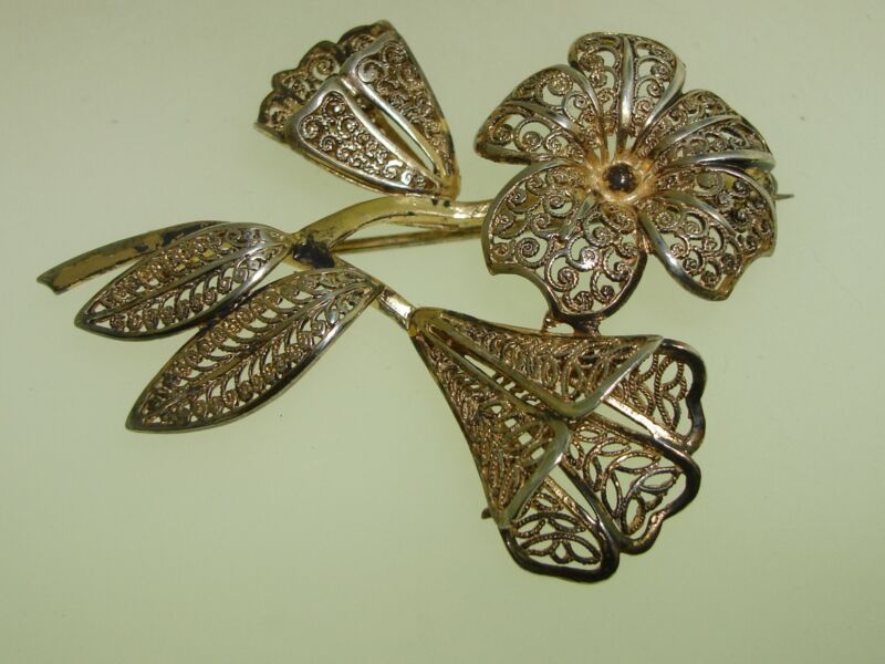 Vintage sterling silver filigree floral pin, signed Germany