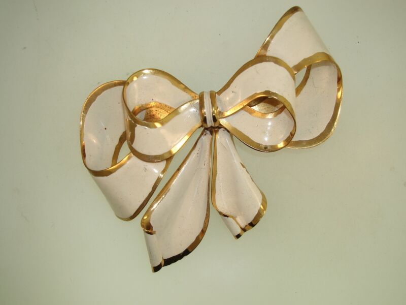 Vintage 1940s Gold Tone Bow Brooch Pin - Large White Enamel Retro Statement Jewelry