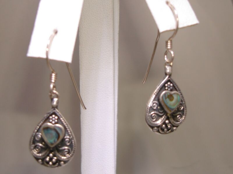 Vintage sterling silver abalone dangle earrings with heart inlay
