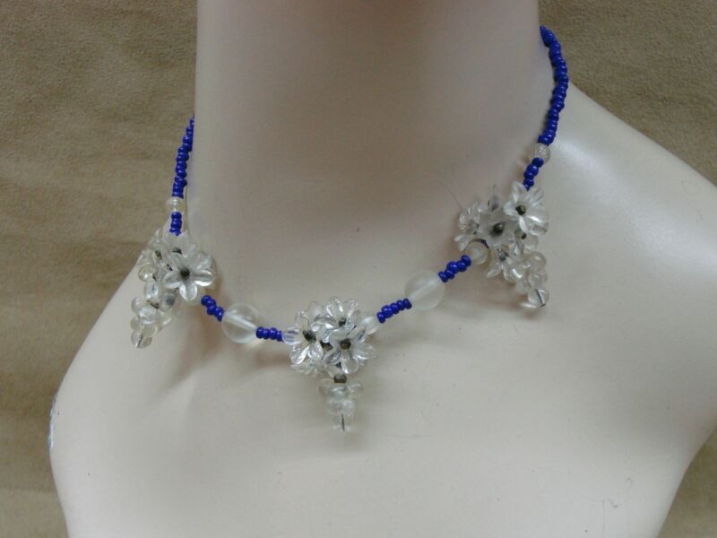 Vintage blue glass seed bead and lucite flower choker necklace