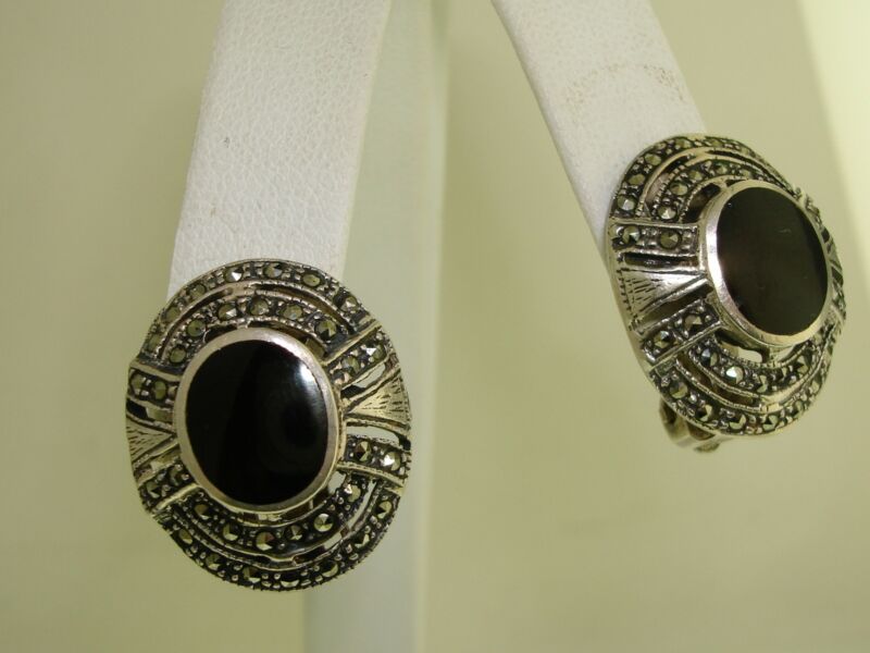 Vintage 1960s sterling silver onyx and marcasite clip-on earrings