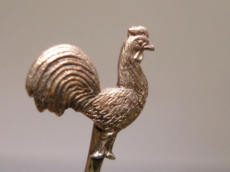 Antique Victorian silver rooster stick pin signed 'BRITISH MAKE'