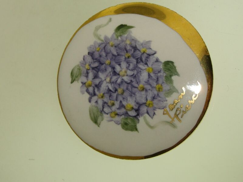 Vintage porcelain clematis pin by Jean Pierce, hand-painted and signed