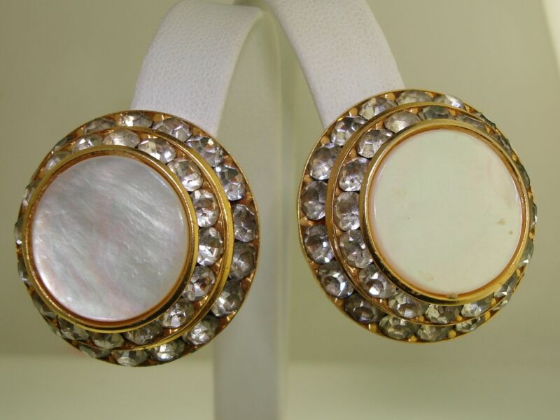 Vintage 1970s gold-tone clip-on earrings with mother of pearl and rhinestones