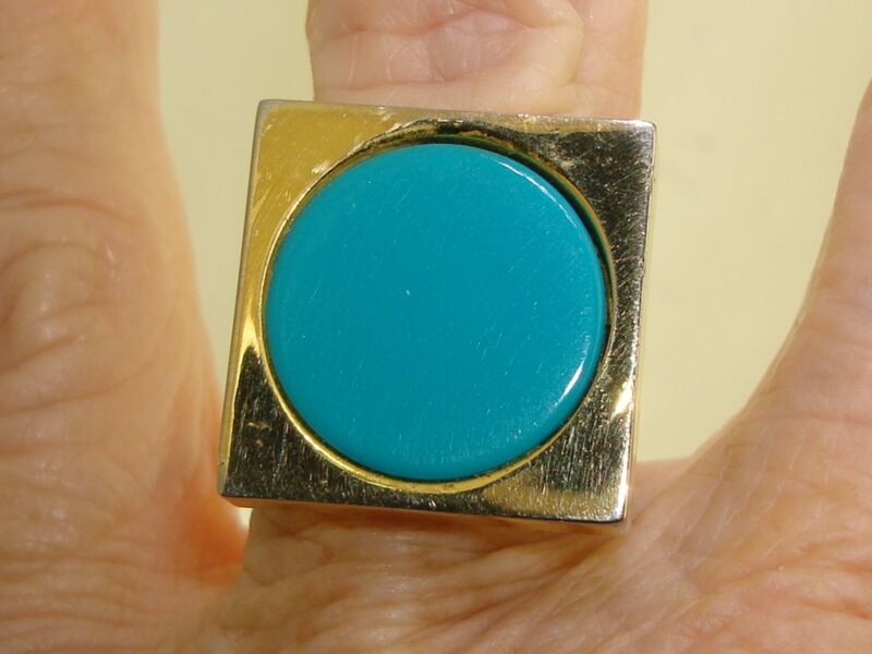 Vintage 1960s mod gold-tone and blue enamel square ring