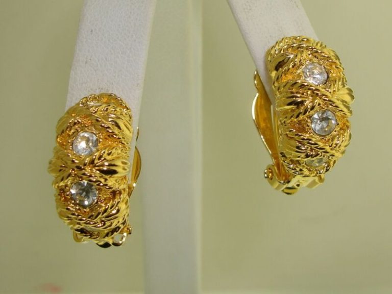 Vintage Joan Rivers gold braid hoop earrings with CZ stones