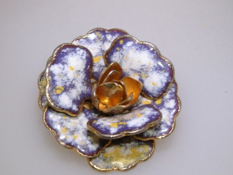 Vintage 1940s cloisonné enamel ruffled flower pin in blue, yellow, and gold