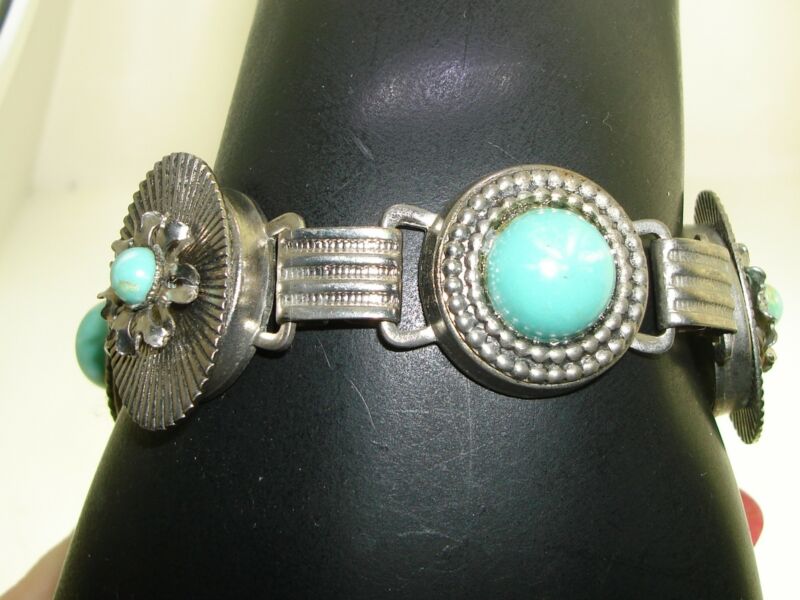 Vintage 1940s silver bracelet with faux turquoise accents