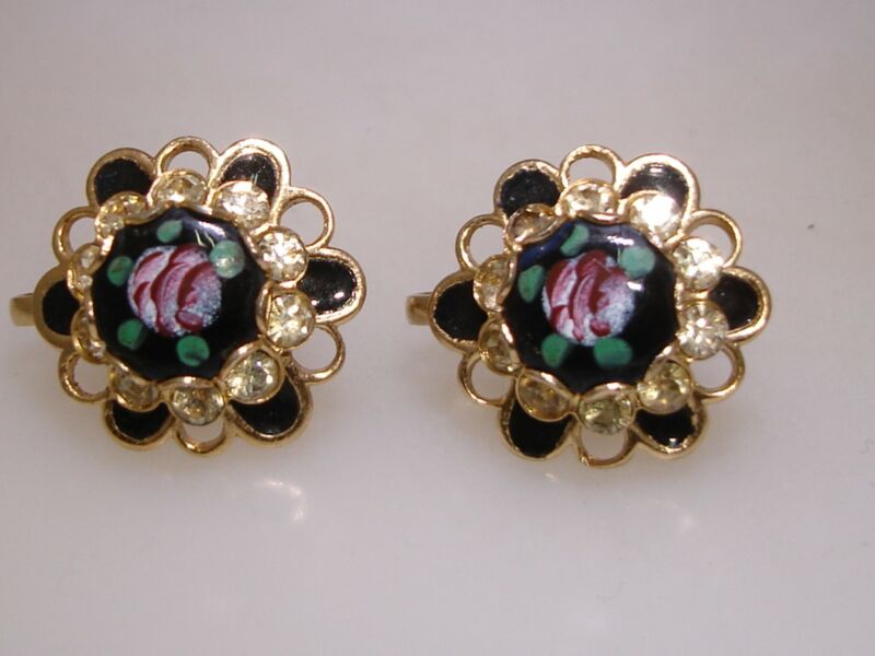 Vintage 1940s-50s hand painted rose enamel earrings with gold tone and rhinestones