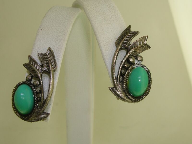 Vintage 1940s silver and turquoise feather and arrow earrings