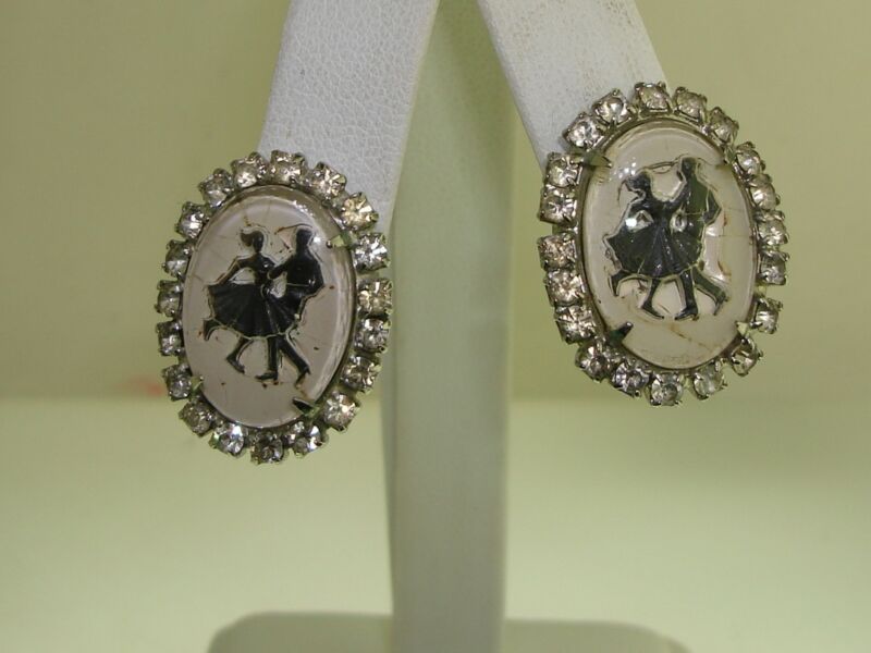 Vintage 1950s square dancer clip-on earrings with rhinestones