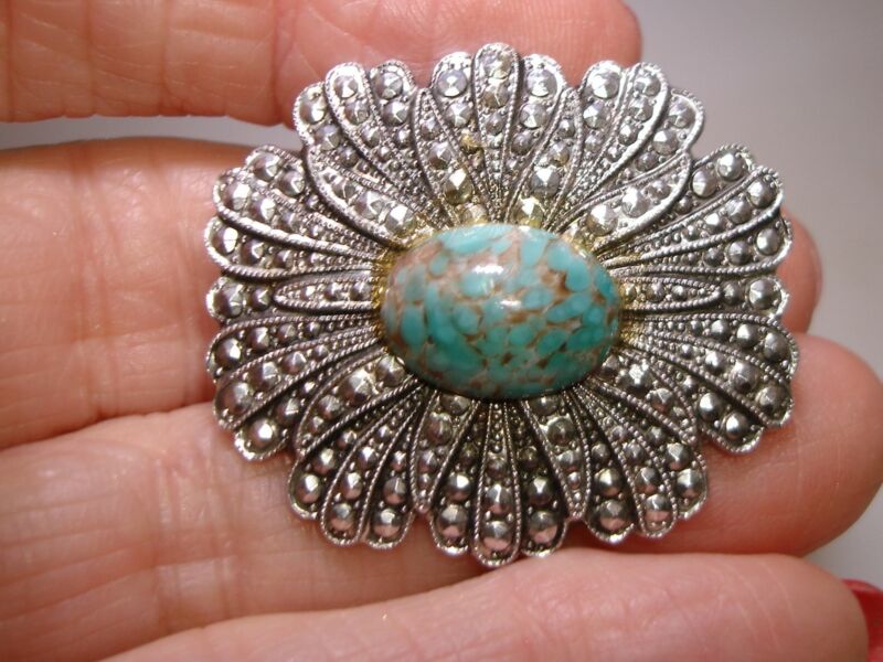 Vintage West Germany Peking glass and marcasite brooch pin