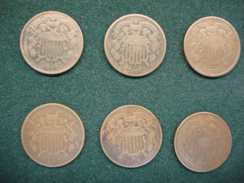 Rare set of six (6) United States Two Cent Pieces from 1864 to 1869 with original patina.