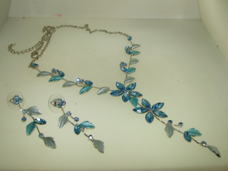 Vintage Blue Rhinestone & Enamel Choker Necklace & Earrings Set - Silver Tone