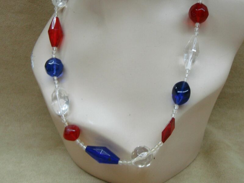 Vintage Trifari 1970s Geometric Lucite Necklace - Red, Blue & Clear