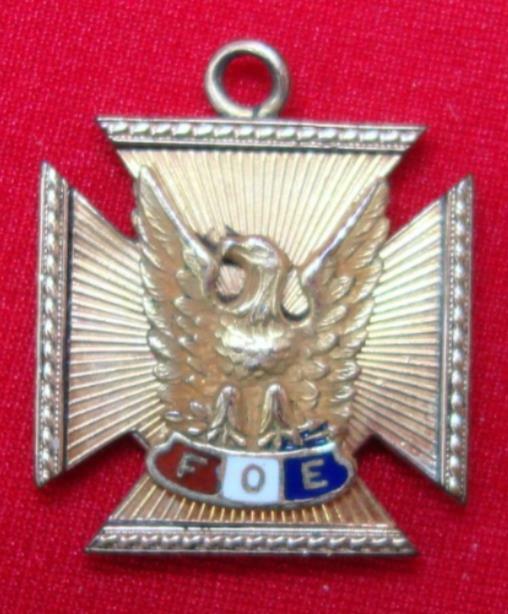Vintage Fraternal Order of Eagles (FOE) pin and ribbon, gold filled, original box, unworn