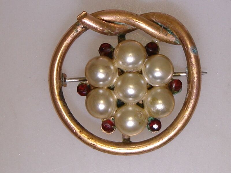 Antique Victorian rose gold filled circle pin with faux pearls and red paste stones