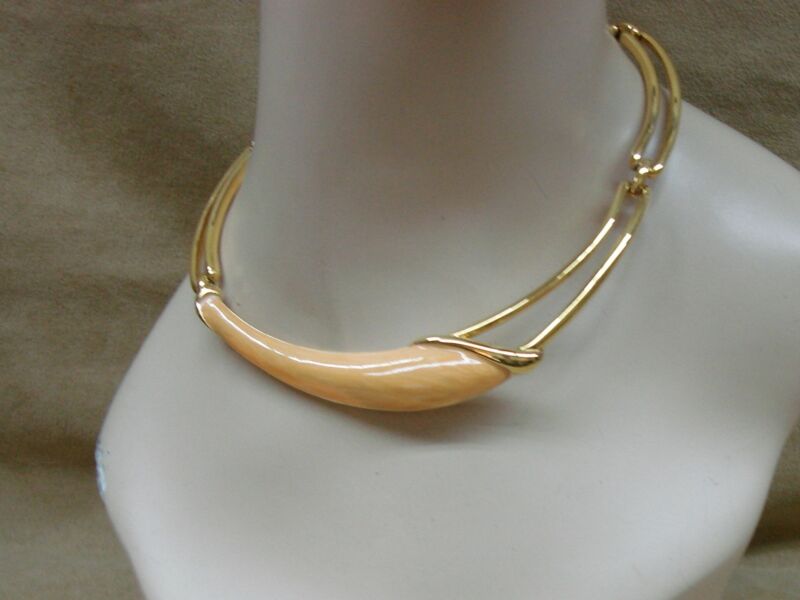 Vintage Monet Enamel Choker Necklace, 1980s Mod Era - Gold & Beige