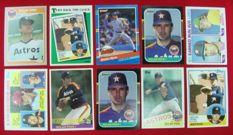 10 Nolan Ryan baseball cards from Topps, Donruss, and Fleer featuring the pitcher's time with the Astros and Rangers