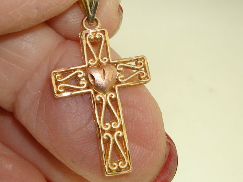 Vintage Michael Anthony 14K gold filigree cross and heart pendant