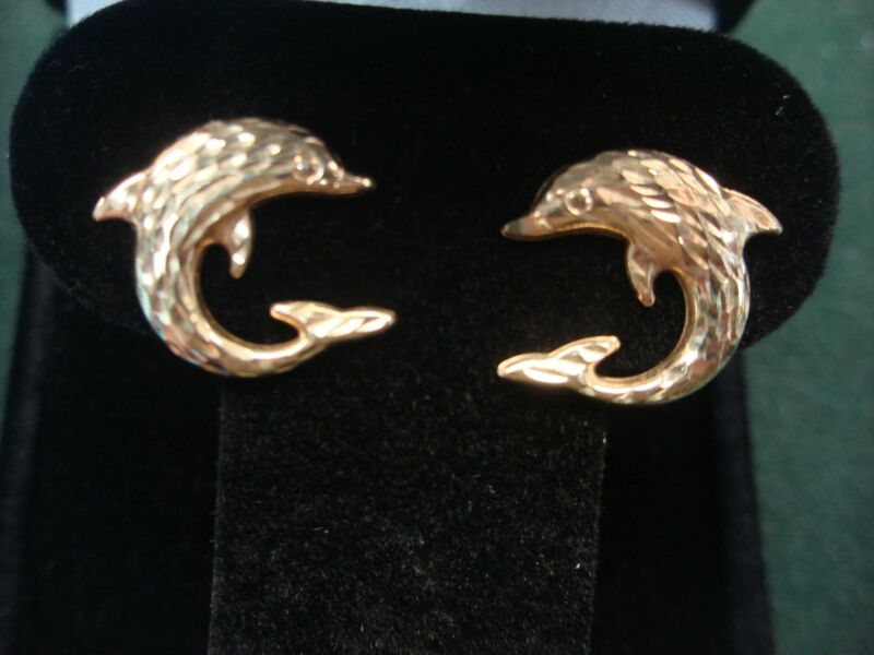 14K yellow gold dolphin stud earrings with diamond accents