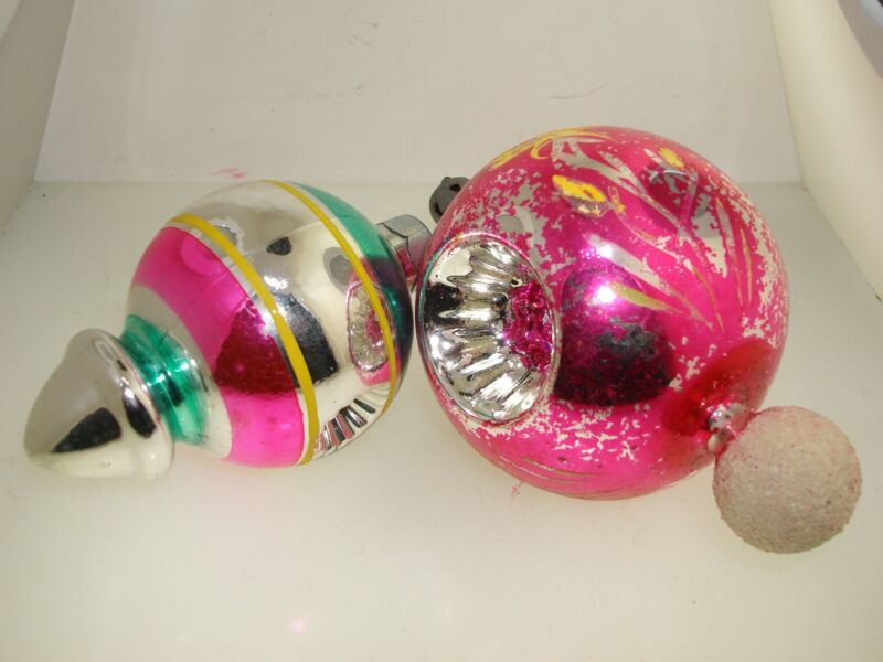 Vintage hot pink dimpled mercury glass Christmas ornaments (set of 2), USA, 1940s-50s