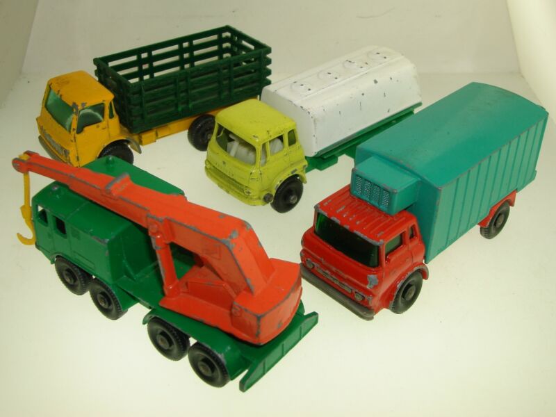 Vintage Lesney Matchbox Trucks Lot: #3, #25, #30 & #44 - Stake Truck, Tanker, Crane & Fridge Truck