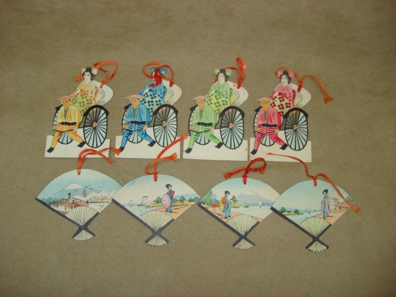 Vintage Bridge Talley's Japan Scene Rickshaws & Fans Set of 8 (1950s)