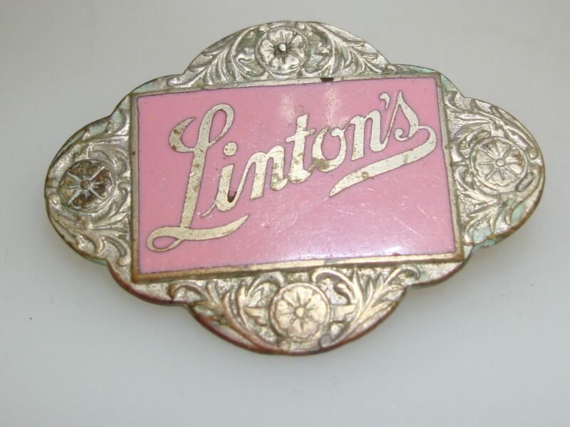 Antique Art Nouveau pink enamel pin featuring Linton's Philadelphia Restaurant, W & H Co. hallmark.