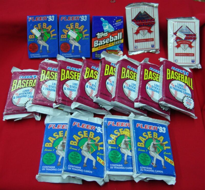 Vintage baseball cards from 1991-1993, including Topps, Donruss, and Fleer packs