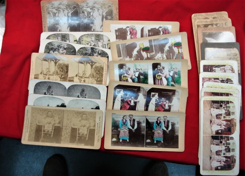 Vintage stereoview cards depicting everyday life scenes, good condition