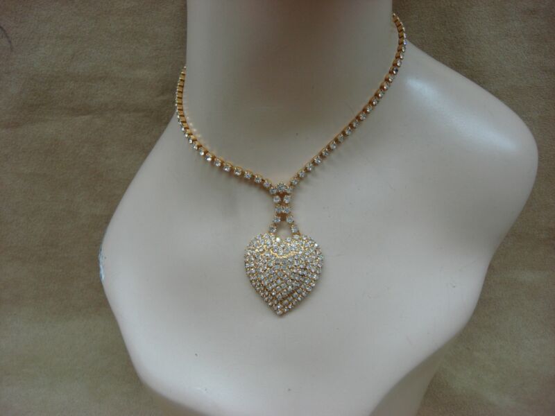 Vintage rhinestone heart necklace, gold tone, foiled stones, estate jewelry
