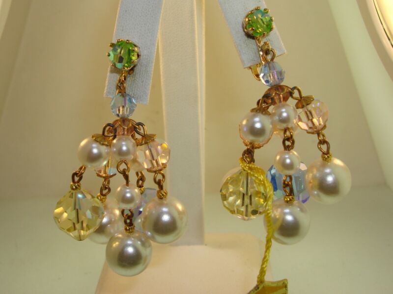 Vintage pastel AB crystal and faux pearl dangle earrings (N.O.S.)