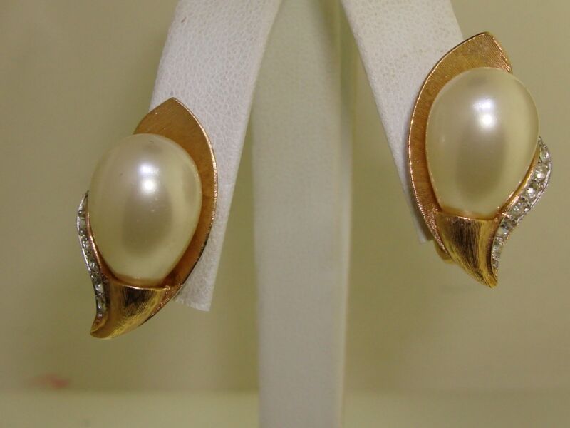 Vintage Trifari crown earrings in satin gold with creamy white faux pearls and rhinestones