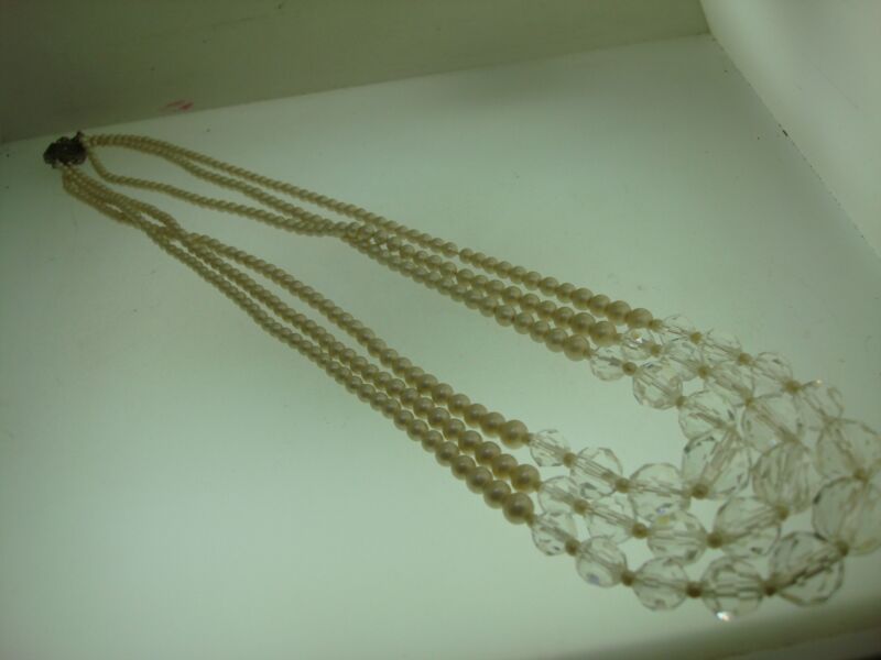 Art Deco 3 strand pearl and crystal choker necklace with Sterling L hallmark
