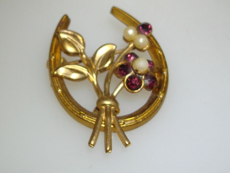 Vintage Coro Gold-Washed Horseshoe Brooch Pin, 1940s-50s, Rhinestones & Pearls