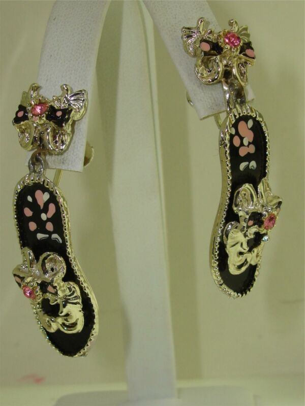 Vintage 1940s enamel and rhinestone slipper earrings with black and floral design