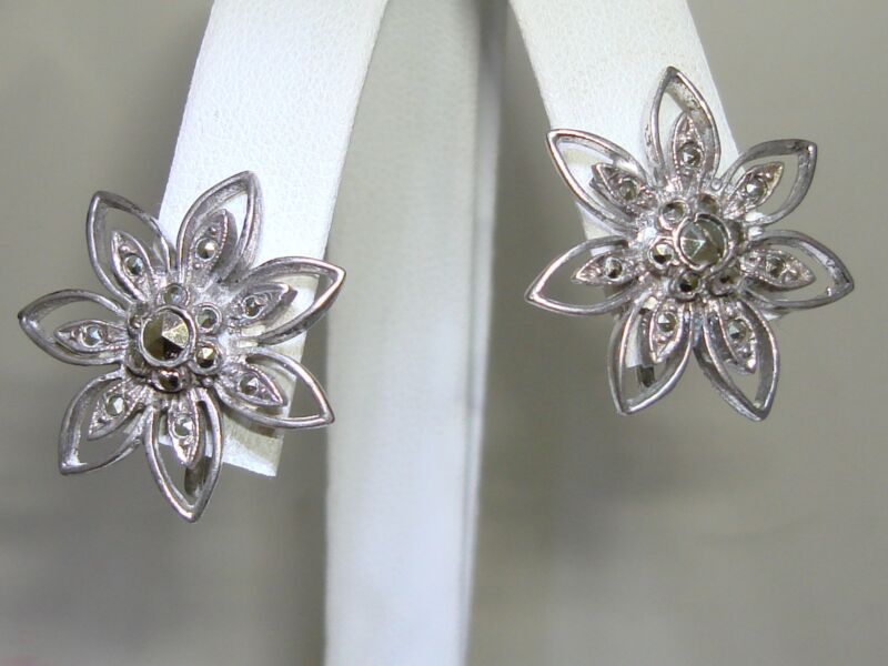 Vintage 1940s sterling silver marcasite earrings, designer signed B.B.