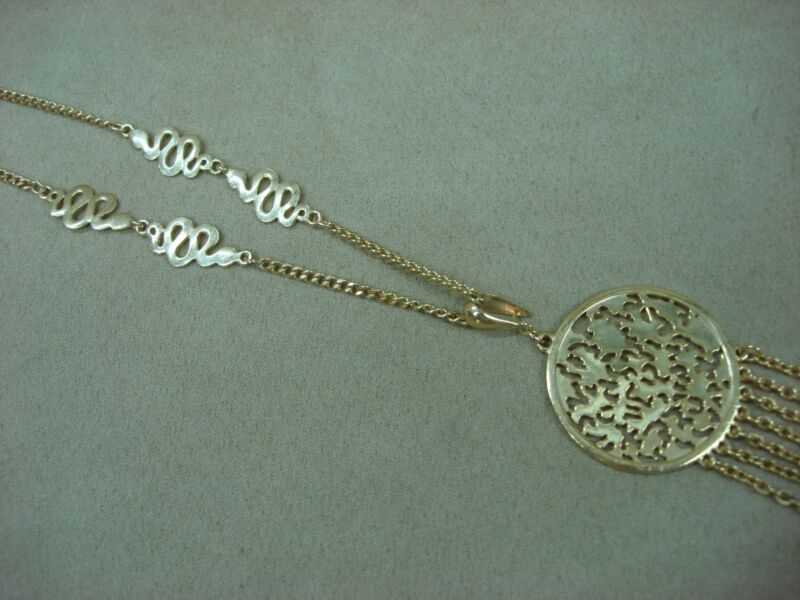 Vintage gold-tone filigree pendant necklace with snake chain and dangling chains